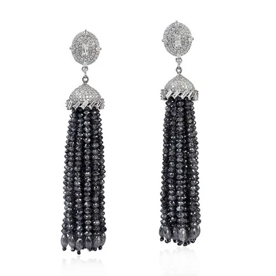 Black Diamond Beads Tassel Earrings 18k White Gold 925 Sterling Silver - Изображение 1 из 4