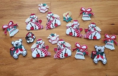 Christmas Embroidered Patch Lot Sew On Vintage Snowman Bell Bear 16 Patches - Image 1 of 4
