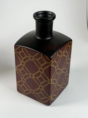 Square Ceramic Vase Decorated 9” With Maroon And Gold Geometric Pattern - Image 1 of 4