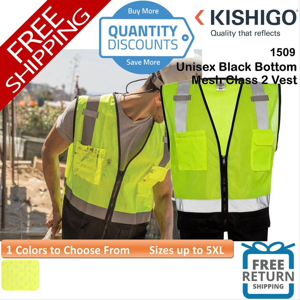 🔥 Kishigo Unisex Black Bottom Mesh Class 2 Vest Safety Up To 5XL 1509 - Image 1 of 1