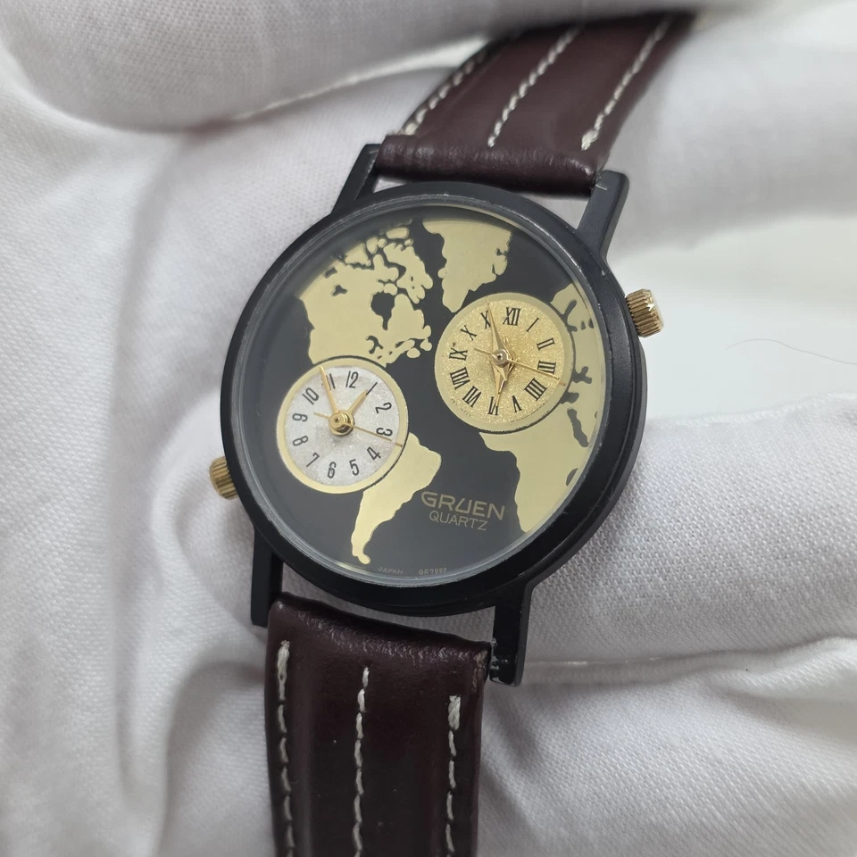 Винтажные кварцевые мужские часы GRUEN DUAL TIME 299-2035 циферблат карта мира НОВЫЙ АККУМУЛЯТОР - Изображение 1 из 4