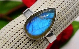 Blue Fire Labradorite Ring, Pear Shape Gemstone Ring, 925 Sterling Silver Ring, - Picture 1 of 4