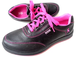 SAS Sporty Lux Sneaker Black Leather Pink Trim 8.5W Breast Cancer Awareness Logo - Picture 1 of 10