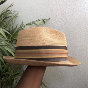 Dobbs Casino Gambler Vegas Panama Straw Fedora Hat Cap Khaki Boater VTG Sz 7 1/8 - Picture 1 of 8