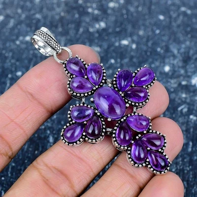 Purple Amethyst Gemstone Pendant Handmade Sterling Silver 925 Cross Pendant Gift - Image 1 of 4