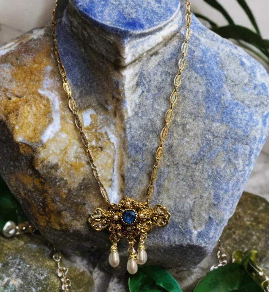 Gold Toned Necklace w Blue Center Stone, Dangling Pearls & Integrate Design - Image 1 of 4
