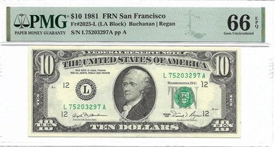 1981 $10 SAN FRANCISCO FRN. PMG GEM UNCIRCULATED 66 EPQ Banknote. 1st of 2 - Image 1 of 2