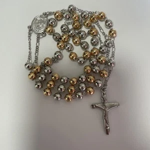Gold Silver 25” Beaded Rosary Beads Necklace Blessed Mother Holy Cross Catholic - Picture 1 of 5