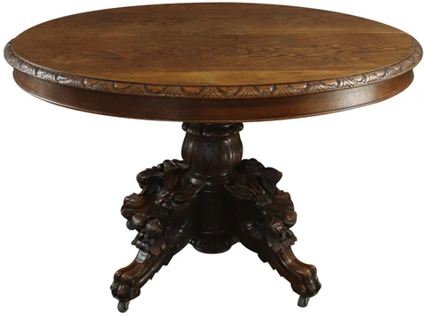 Antique Dining Table French Hunting Renaissance Oval 1890 Carved Oak Pedestal Cover