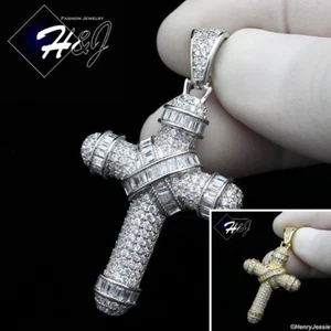MEN 925 STERLING SILVER ICY BLING CZ GOLD PLATED/SILVER 3D CROSS PENDANT*SP232 - Picture 1 of 8