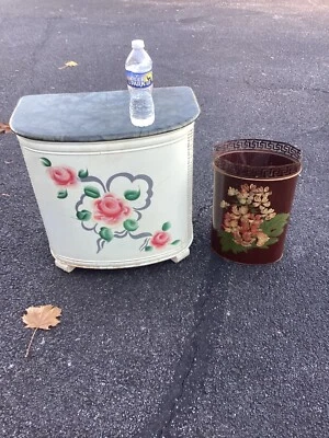 VTG White Pearl Wick Metal Hamper Mid Century Painted Roses ~  MCM Trash Can - Image 1 of 4