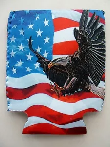 2 NEW AMERICAN FLAG EAGLE LANDING DESIGN CAN BOTTLE KOOZIE FISHING BUD BEER - Picture 1 of 3