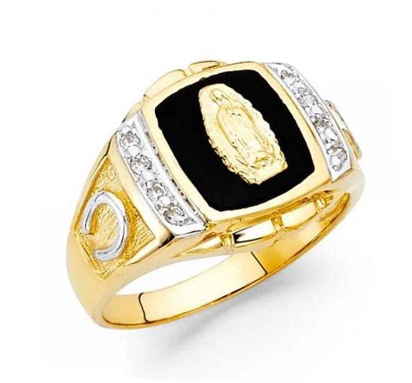 Anel masculino de ouro amarelo 14k sólido Virgem Maria ousado Guadalupe ônix e Cz - Imagem 1 de 4