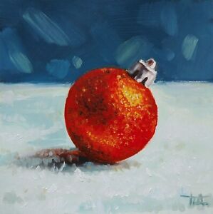 Original Oil Painting Red Christmas Ball Christmas Painting 5x5 in Impressionism
