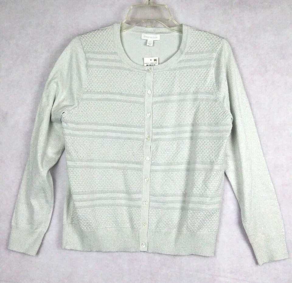 Charter Club Cardigan Sweater Womens L Silver Grey Metallic Stripe Textured - Image 1 of 4