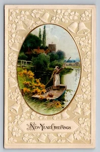 Antique New Year Greetings Postcard Embossed Floral Design 1900s Girl In Boat - Picture 1 of 2