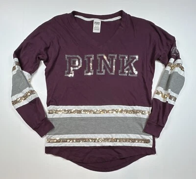 Camiseta Victoria's Secret Rosa Púrpura Lentejuelas Manga Larga Talla XS Rayas Foto 1 de 4