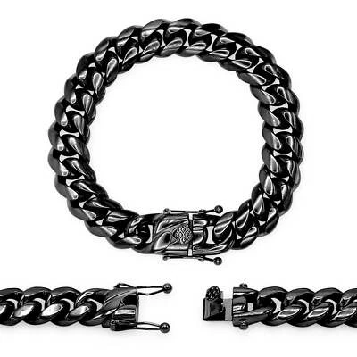 Cuban Link Chain Black Curb Bracelet 8.5" Stainless Steel Jewelry For Men Foto 1 de 2