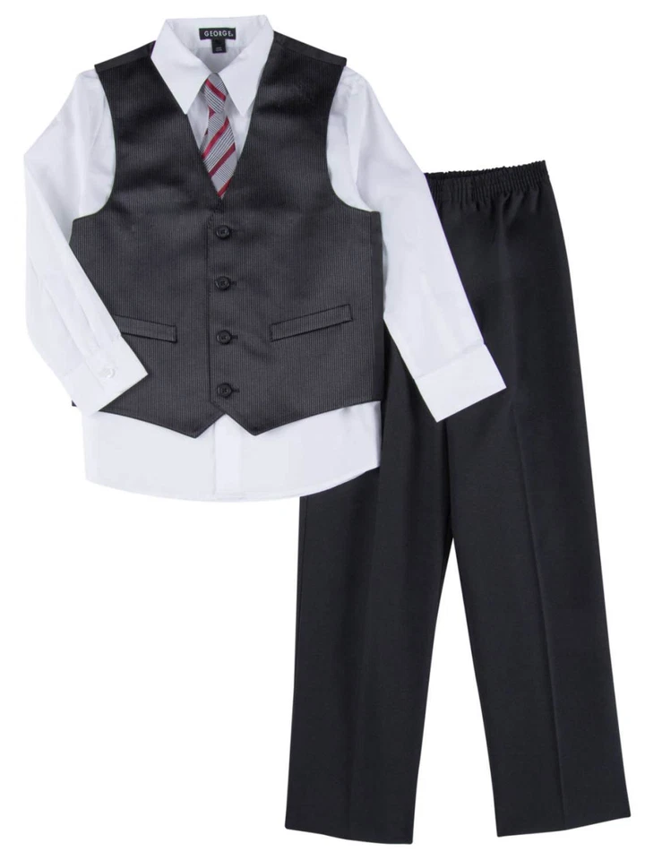 Boys 4 Piece Suit Black Pin Stripe Dress Up Outfit Holiday Shirt Pants Vest Tie - Image 1 of 1