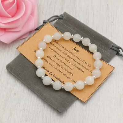 WHITE JADE Bracelet Stretch Fit Handmade +Gift Bag & Card Crystal Gemstone 6/8mm - Image 1 of 4