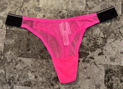NWT VICTORIA'S SECRET PINK MESH BLACK THICK LOGO SIDE STRAP THONG PANTIES - Image 1 of 4