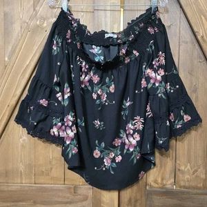Jolt Off Shoulder Floral Top XL Black Pink Bell Sleeve Lace Boho Blouse - Picture 1 of 7
