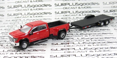 Greenlight Red 2022 GMC SIERRA 3500 3500HD SLT Dually Pickup w/Open Car Trailer - Image 1 of 4