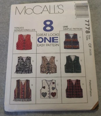 McCall's 7778 Vest Pattern Sz 4-6 Uncut 8 Styles Boho Cottagecore Vintage  - Image 1 of 2