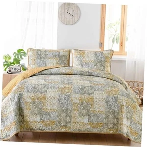  Yellow Boho Quilt Set Size 3 Pieces Grey and Yellow Plaid King Yellow Grey - Picture 1 of 8