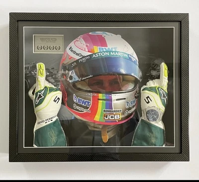Sebastian Vettel RACE Gloves In Custom Shadow Box - Formula 1 - COA - Carbon  - Image 1 of 4
