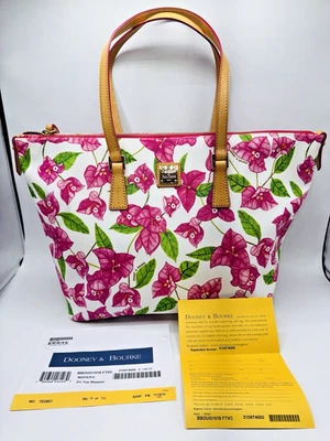 Dooney & Bourke Botanical White Pink Flowers Floral Large Zip Top Shopper Tote - Image 1 of 4