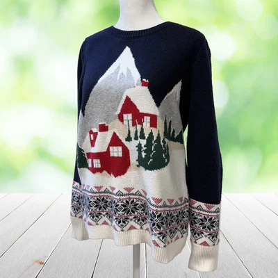 Suéter de Navidad TALBOTS Mujer Medio Azul Invierno Escena Cabina Cuello Redondo Pullover Foto 1 de 4