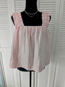 AQUA Ruched Sleeveless Top Women's M Pink White Check Ruffle Shoulder Whimsical - Picture 1 of 13