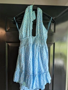 New With Tags- Aerie Spring Fling Halter Mini Dress Blue Floral Size Medium - Picture 1 of 6
