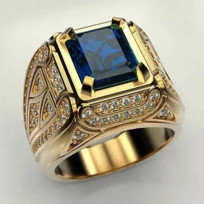 Anillo de compromiso de zafiro azul corte esmeralda de 3 quilates para hombre enchapado en oro amarillo de 14 quilates  Foto 1 de 4