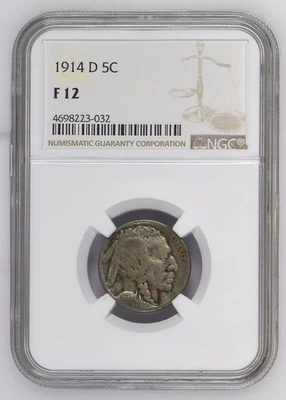 1914 D Buffalo Nickel NGC F12 Fine Certified Graded Denver Mint Coin USA - Image 1 of 2