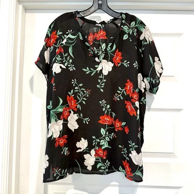 Blusa Top Floral Ligera Manga Corta Cuello en V Negra Old Navy Para Mujer Talla XL Foto 1 de 4