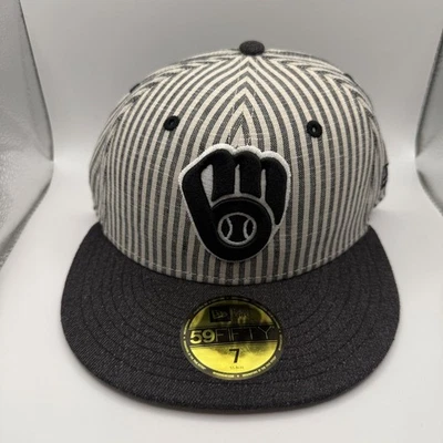 New Era 59Fifty Milwaukee Brewers Gris Rayas Seersucker Tela Sombrero 7 Nuevo Foto 1 de 4