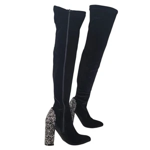 Bota Sobre la Rodilla Cremallera Brillo Tacón Bloque Terciopelo Talla 7 Caprichoso Fiesta Concierto - Imagen 1 de 13