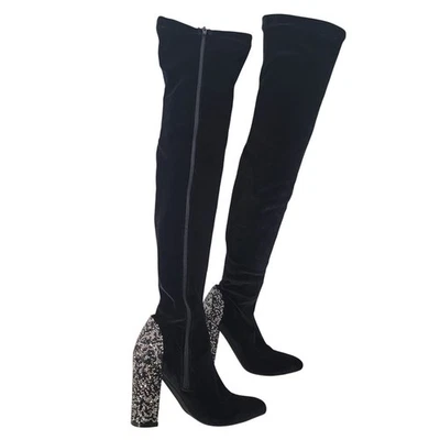 Bota Sobre la Rodilla Cremallera Brillo Tacón Bloque Terciopelo Talla 7 Caprichoso Fiesta Concierto Foto 1 de 4