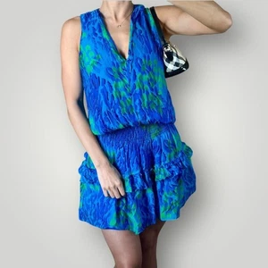 Ramy Brook Rüschen Minikleid blau/grün tropisch gesmokte Taille V-Ausschnitt Small - Bild 1 von 8
