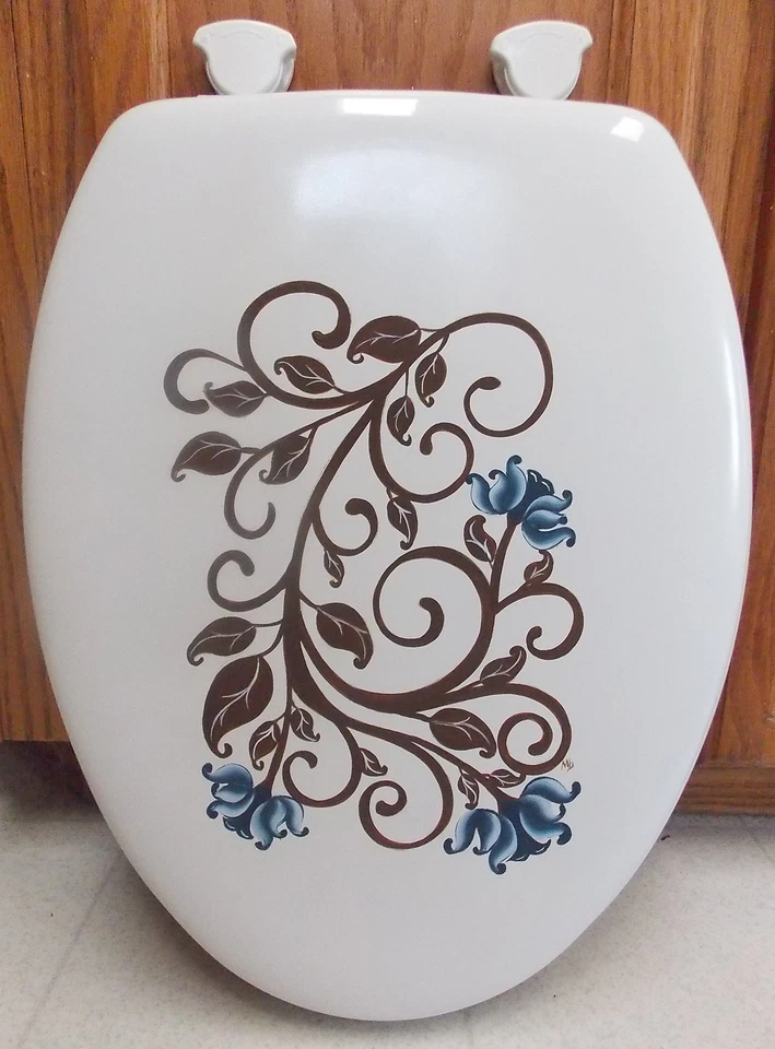HAND PAINTED ELONGATED TOILET SEAT/TOLE PAINTED FLOWERS/CHOOSE COLOR/SINGLE SIDE - Image 1 of 1