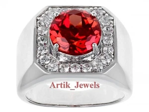 Lab Created Ruby Gemstone With 14K White Gold Plated Silver Ring For Men's #923 - Picture 1 of 12
