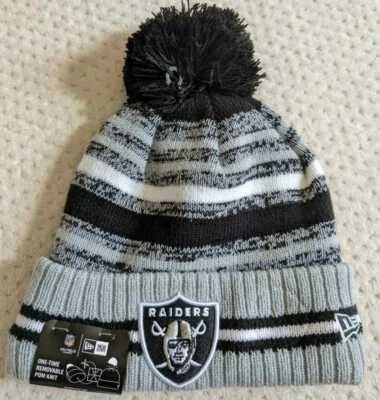 Vegas Raiders New Era Negro Plata NFL Lateral Pom Forrado Puño Gorro Gorro, OS Foto 1 de 3