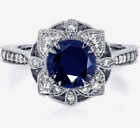 Lab Created  Flower Design 1.20 Carat Round Blue Gemstone Wedding Women's Ring