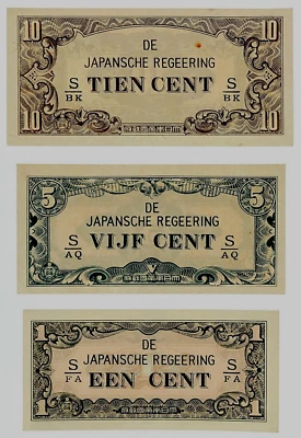 NETHERLANDS INDIES 1 5 10 CENTS P-119-120-121 1942 Set UNC JIM INDONESIA 3 NOTE - Image 1 of 4