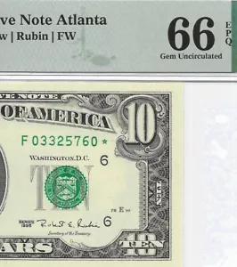 1995 $10 ATLANTA * STAR * ⭐️ FRN. PMG GEM Uncirculated 66 EPQ Banknote. SCARCE - Picture 1 of 3
