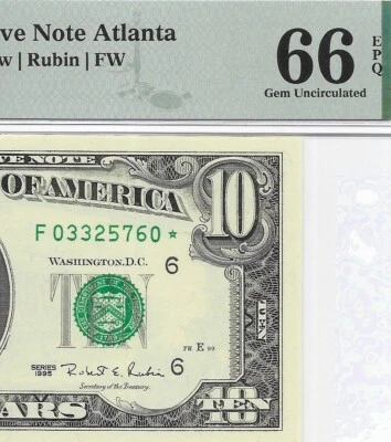 1995 $10 ATLANTA * STAR * ⭐️ FRN. PMG GEM Uncirculated 66 EPQ Banknote. SCARCE - Image 1 of 3