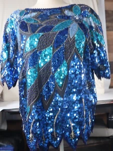 VTG Sequin Beaded Blouse Large Colorful Chevron Hems Cocktail Party Cruise USA - Picture 1 of 10