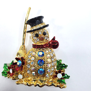 Signed Gold Tone Metal Rhinestones Enamel Holiday Christmas Snowman Brooch Pin